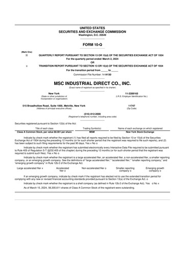 Thumbnail MSC Industrial Direct 10-Q Quarterly Report FY2024 