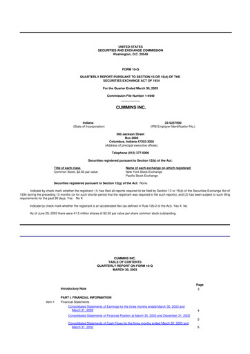 Thumbnail Cummins
 10-Q Quarterly Report FY 