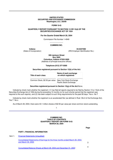 Thumbnail Cummins
 10-Q Quarterly Report FY 