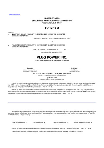 Thumbnail Plug Power 10-Q Quarterly Report FY 