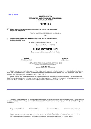Thumbnail Plug Power 10-Q Quarterly Report FY2011 