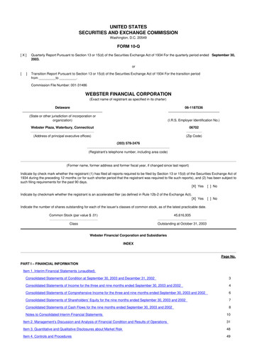 Thumbnail Webster Financial 10-Q Quarterly Report FY 
