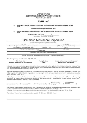 Thumbnail Columbus McKinnon 10-Q Quarterly Report FY2027 