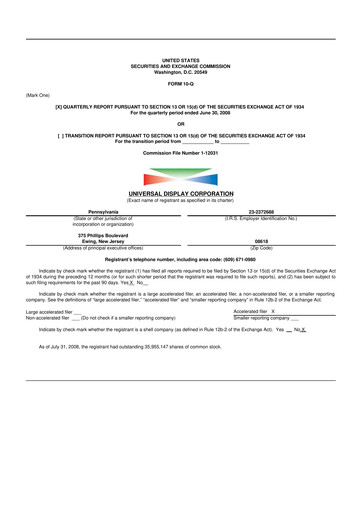 Miniature Universal Display Corporation
 10-Q Rapport trimestriel  