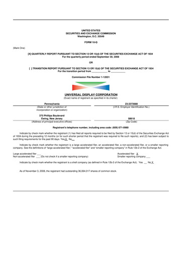 Miniature Universal Display Corporation
 10-Q Rapport trimestriel  
