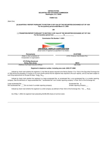 Miniature Universal Display Corporation
 10-Q Rapport trimestriel  