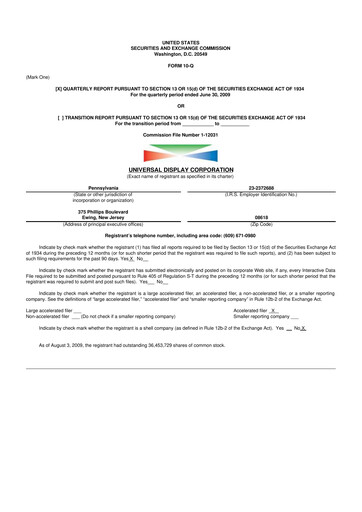 Miniature Universal Display Corporation
 10-Q Rapport trimestriel  