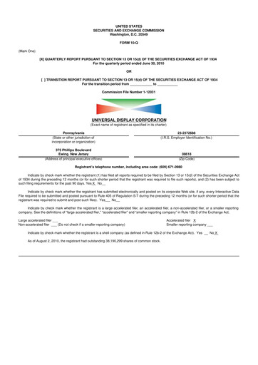 Miniature Universal Display Corporation
 10-Q Rapport trimestriel  