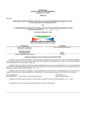 Miniature Universal Display Corporation
 10-Q Rapport trimestriel  