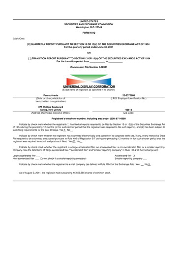 Miniature Universal Display Corporation
 10-Q Rapport trimestriel 2011 
