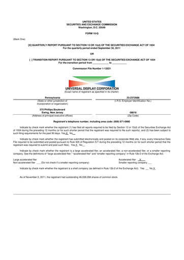Miniature Universal Display Corporation
 10-Q Rapport trimestriel 2011 