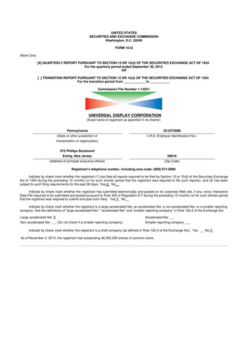 Miniature Universal Display Corporation
 10-Q Rapport trimestriel 2013 