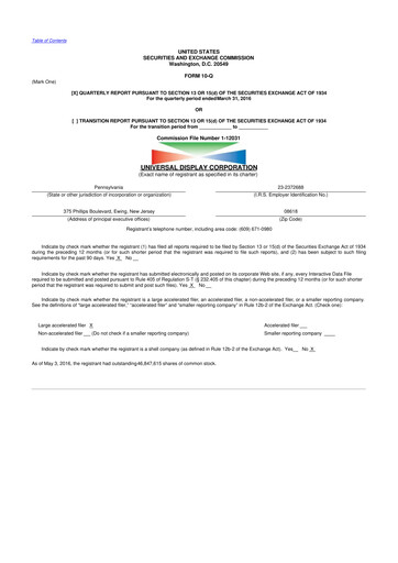 Miniature Universal Display Corporation
 10-Q Rapport trimestriel 2016 