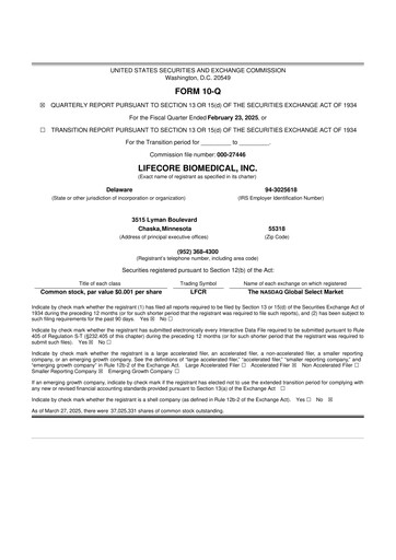 Thumbnail Lifecore Biomedical 10-Q Quarterly Report FY2025 