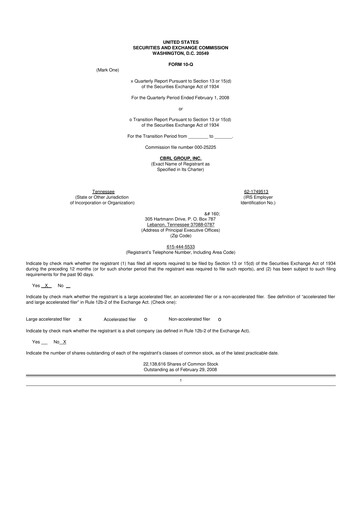 Miniature Cracker Barrel 10-Q Rapport trimestriel  