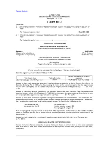 Miniature Provident Financial Holdings 10-Q Rapport trimestriel  