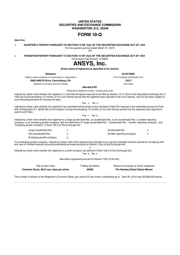 Vorschaubild Ansys 10-Q Quartalsbericht 2019 