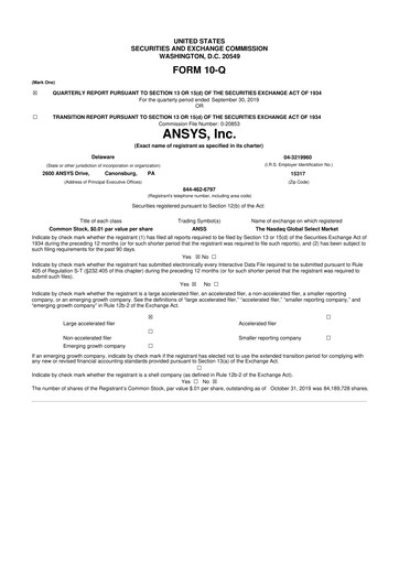 Vorschaubild Ansys 10-Q Quartalsbericht 2019 