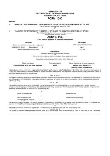 Vorschaubild Ansys 10-Q Quartalsbericht 2020 