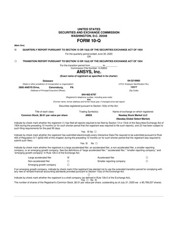 Vorschaubild Ansys 10-Q Quartalsbericht 2020 