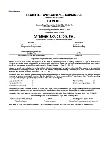 Thumbnail Strategic Education
 10-Q Quarterly Report FY2019 