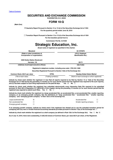 Thumbnail Strategic Education
 10-Q Quarterly Report FY2019 
