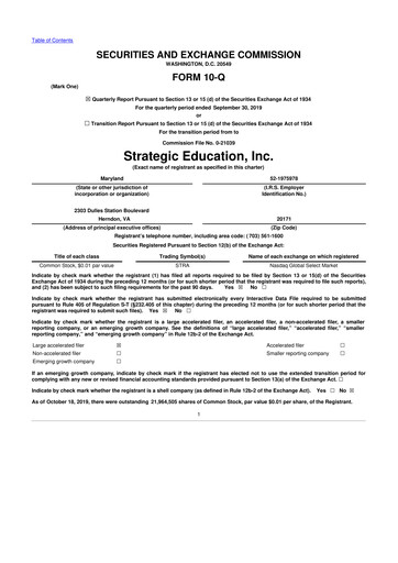 Thumbnail Strategic Education
 10-Q Quarterly Report FY2019 
