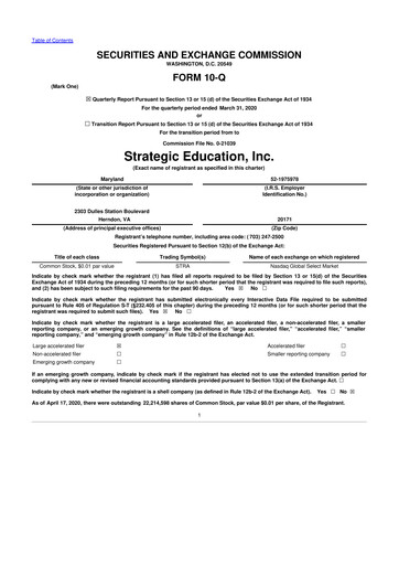 Thumbnail Strategic Education
 10-Q Quarterly Report FY2020 
