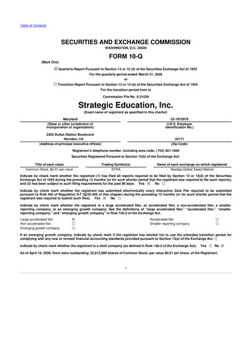 Thumbnail Strategic Education
 10-Q Quarterly Report FY 