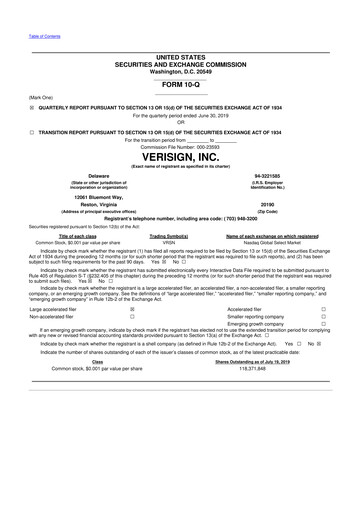 Thumbnail VeriSign 10-Q Quarterly Report FY2019 