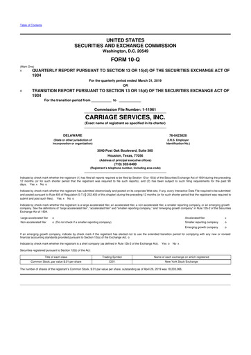 Thumbnail Carriage Services 10-Q Quarterly Report FY2019 