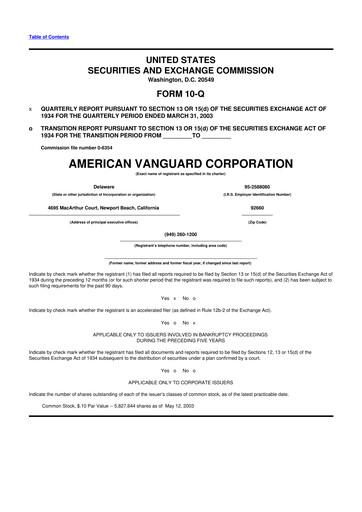 Miniature American Vanguard 10-Q Rapport trimestriel  