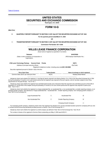 Thumbnail Willis Lease Finance Corporation 10-Q Quarterly Report FY2020 