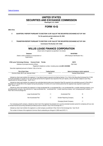 Thumbnail Willis Lease Finance Corporation 10-Q Quarterly Report FY2020 