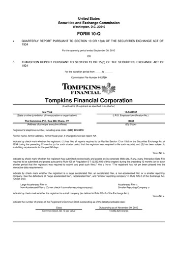 Thumbnail Tompkins Financial 10-Q Quarterly Report FY 