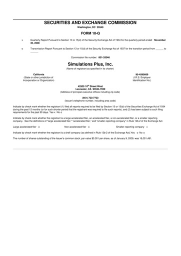 Miniature Simulations Plus
 10-Q Rapport trimestriel  