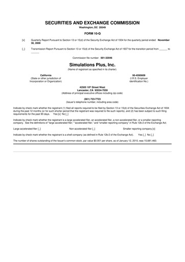 Miniature Simulations Plus
 10-Q Rapport trimestriel  