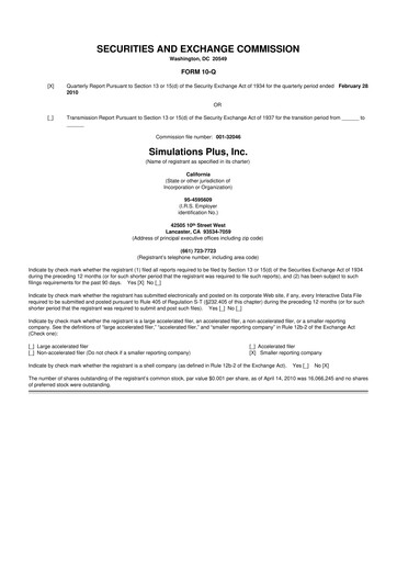 Miniature Simulations Plus
 10-Q Rapport trimestriel  