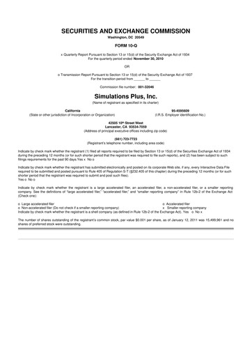 Miniature Simulations Plus
 10-Q Rapport trimestriel  