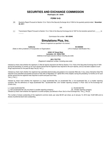 Miniature Simulations Plus
 10-Q Rapport trimestriel 2012 