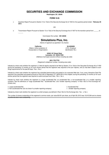 Miniature Simulations Plus
 10-Q Rapport trimestriel 2012 