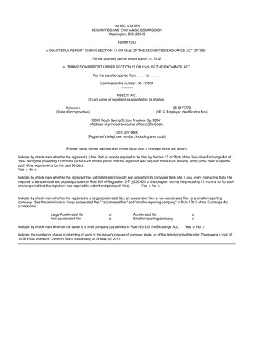 Thumbnail Reed's, Inc. 10-Q Quarterly Report FY2012 