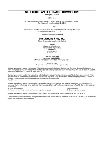 Miniature Simulations Plus
 10-Q Rapport trimestriel 2012 