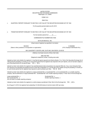 Thumbnail Aethlon Medical
 10-Q Quarterly Report FY 