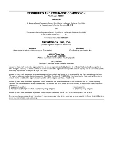 Miniature Simulations Plus
 10-Q Rapport trimestriel 2013 