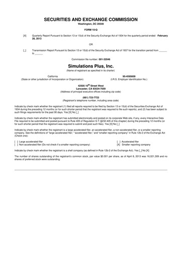 Miniature Simulations Plus
 10-Q Rapport trimestriel 2013 