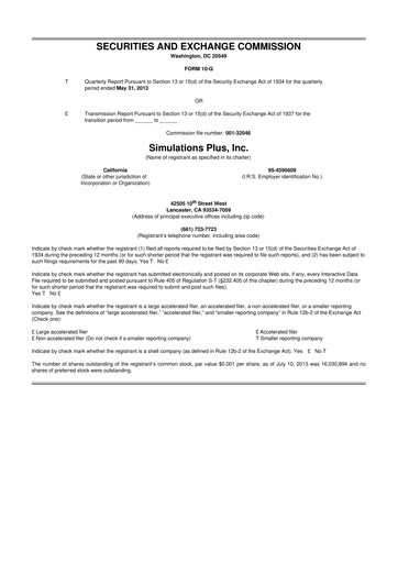 Miniature Simulations Plus
 10-Q Rapport trimestriel 2013 