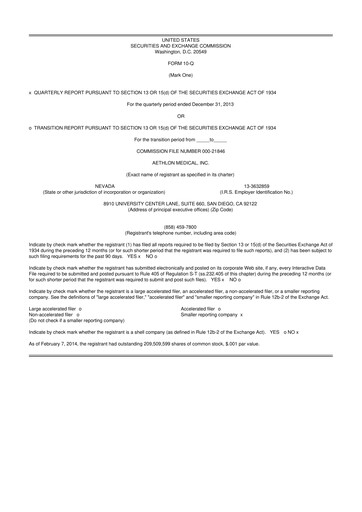 Thumbnail Aethlon Medical
 10-Q Quarterly Report FY2014 