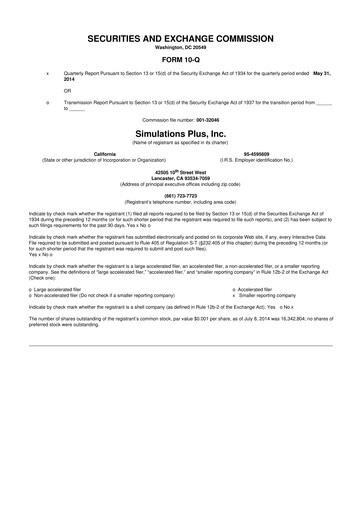 Miniature Simulations Plus
 10-Q Rapport trimestriel 2014 