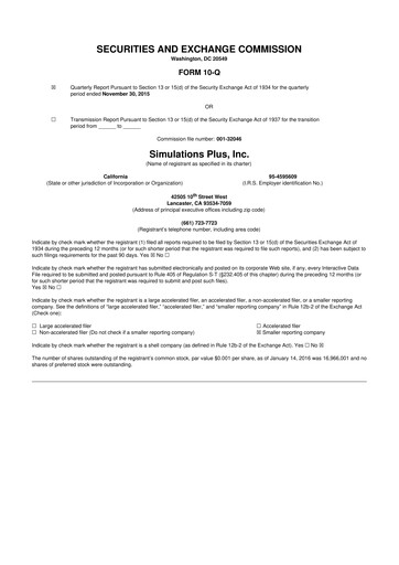 Miniature Simulations Plus
 10-Q Rapport trimestriel 2016 